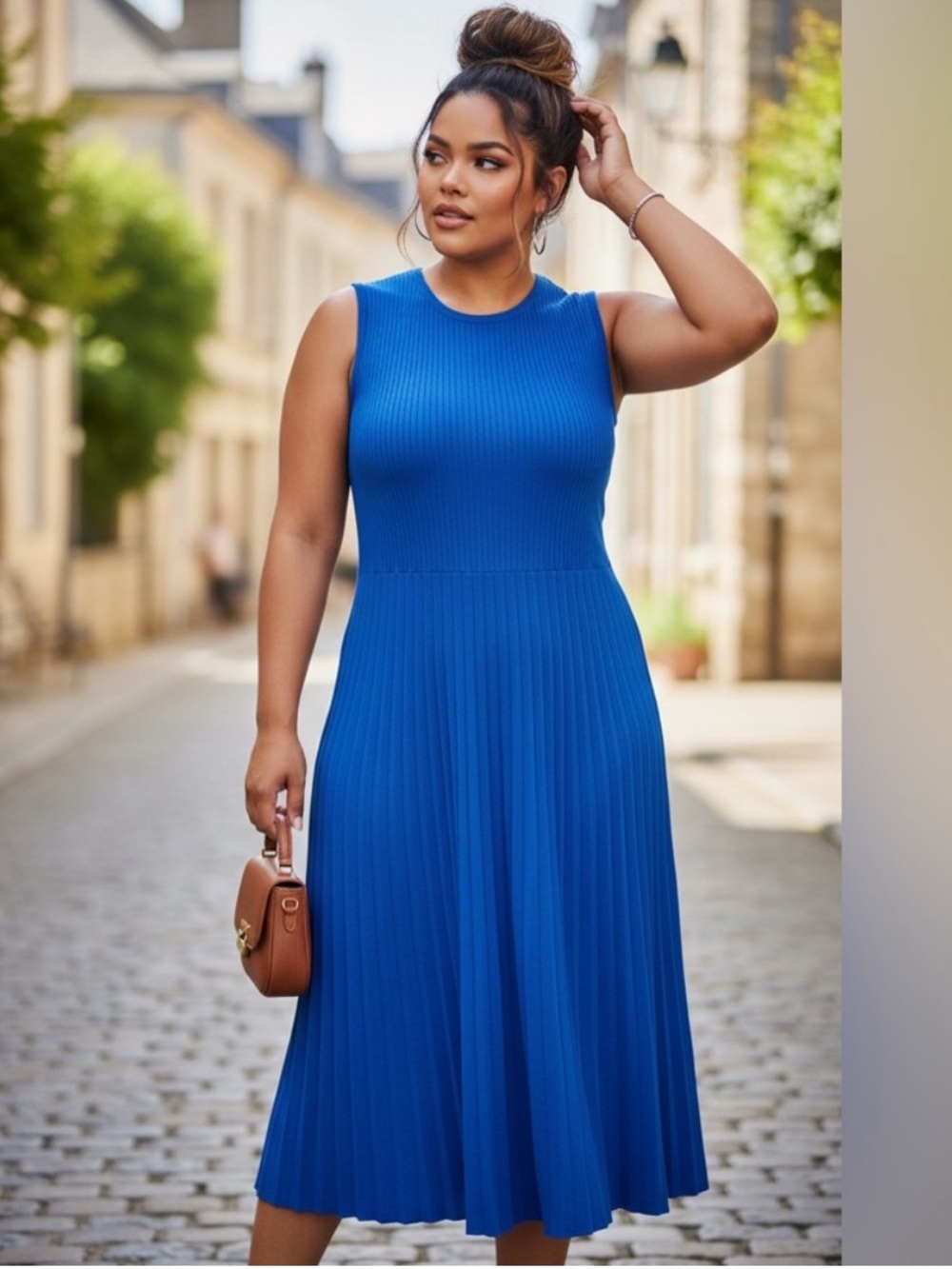 Sleeveless Royal Blue Pleated  Dress - Picture 2 of 8